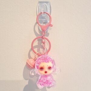 Skullpanda Pink Beaded Liquid Filled Shaker Keychain Bagcharm With Bell, NEW